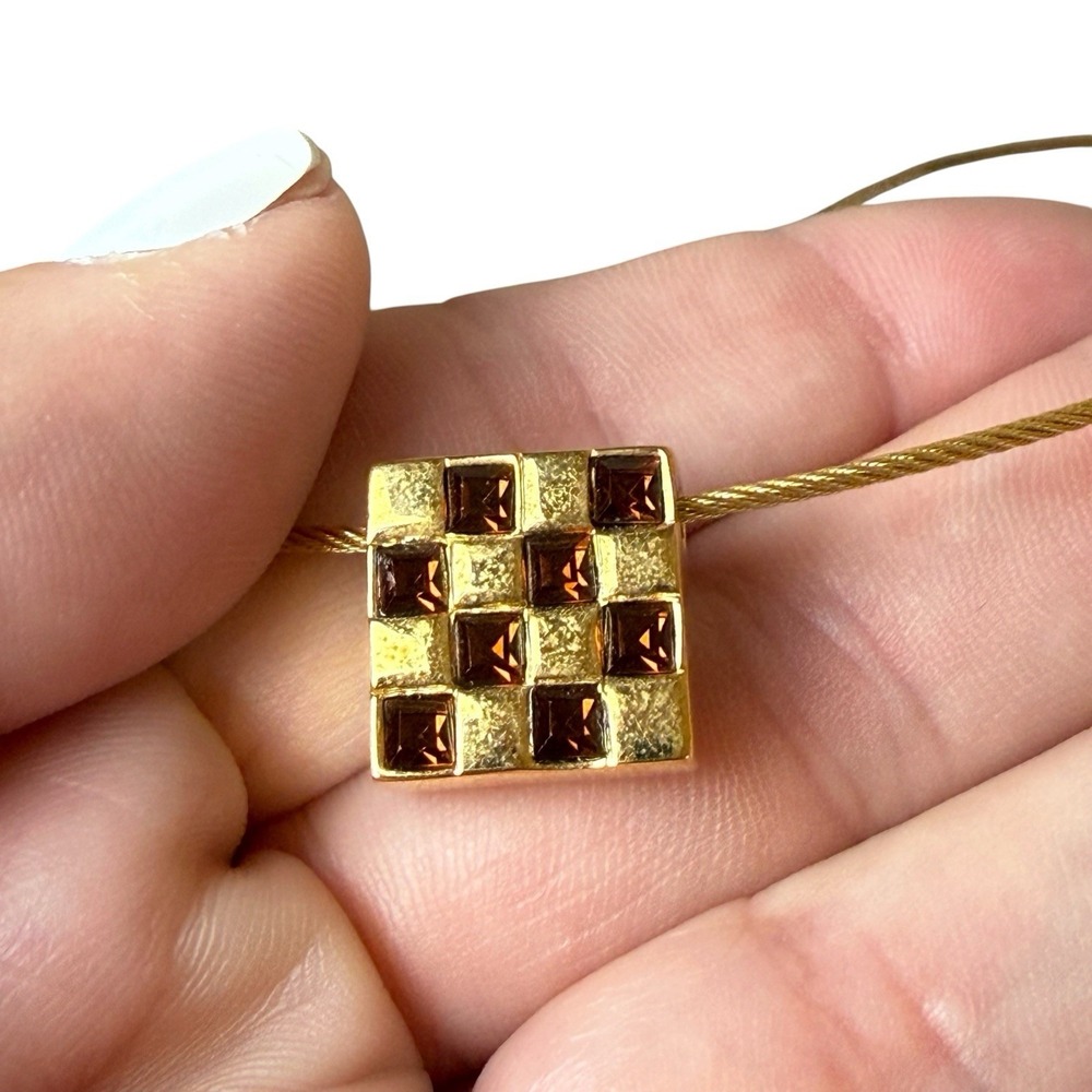 Vintage Monet Gold Tone Checkerboard Geometric Pendant Necklace Signed 1980s - Picture 5 of 6